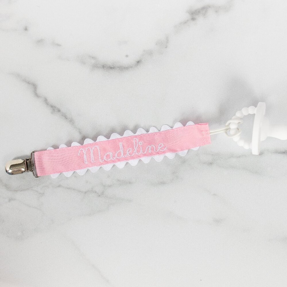 Pink Ric Rac Madeline Hand Lettered Pacifier Clip Paci Clip - New